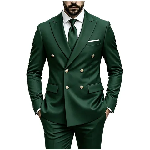 Men Business Suit Set Double Breasted Gold Buttons Slim Fit Blazer And Pants Top And Bottom Groomsman Wedding
