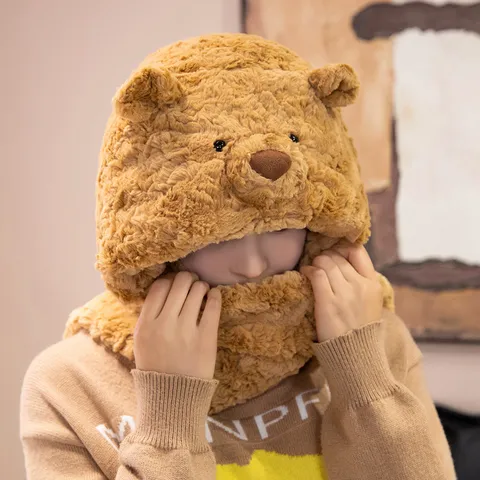 Lindo Sombrero de Orejeras de Oso Panda de Peluche Cálido de Invierno Bufanda Gruesa Todo en Uno Gorra Novedad Animal