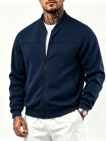Chaqueta Bomber Casual Forrada de Forro Polar para Hombre Otoño Invierno Color Sólido Cuello Alzado Cremallera