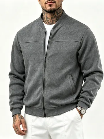 Chaqueta Bomber Casual Forrada de Forro Polar para Hombre Otoño Invierno Color Sólido Cuello Alzado Cremallera