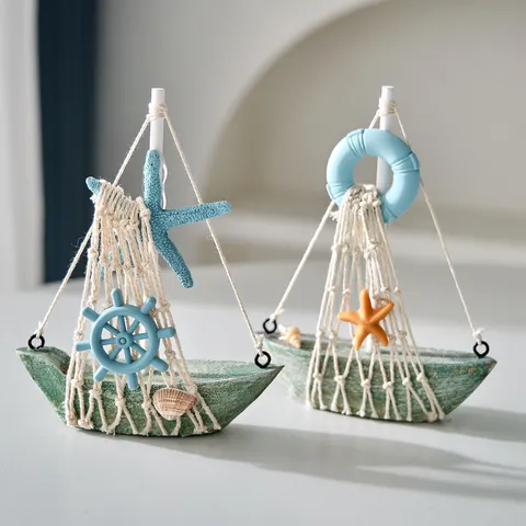 Stile Mediterraneo Barca a Vela in Legno Ornamento da Scrivania Decorazione Marina Retrò Timone Ancora Stella Marina Salvagente