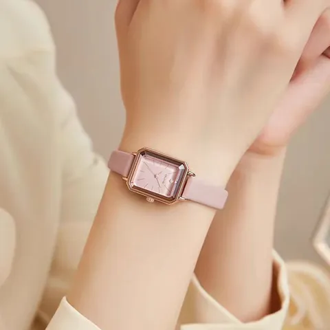 Women's Quartz Watch Square Dial Rose Gold Alloy Case Genuine Leather Strap Casual Waterproof Wrist Watch