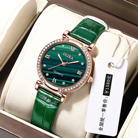 Women Fashion Quartz Watch Green Malachite Dial Rhinestone Bezel Rose Gold Alloy Case Green Leather Strap Waterproof