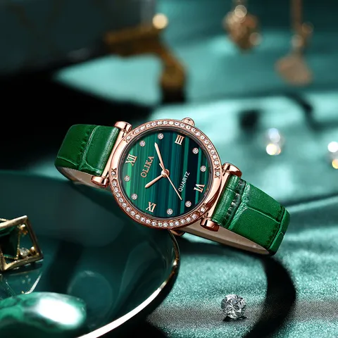 Women Fashion Quartz Watch Green Malachite Dial Rhinestone Bezel Rose Gold Alloy Case Green Leather Strap Waterproof