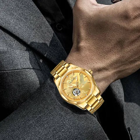 Men's Automatic Mechanical Watch Stainless Steel Alloy Hollow-Out Waterproof Luminous Business Luxury Wristwatch