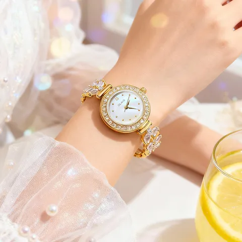 Women Fashion Quartz Watch Alloy Copper Gold Plated Rhinestone Leaf Bracelet Watch Elegant Wristwatch Gift