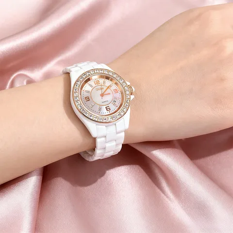 Women Ceramic Quartz Watch Fashion Waterproof Wristwatch With Rhinestone Bezel Ceramic Strap Elegant Ladies Luxury Timepiece