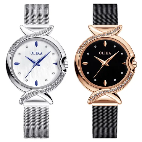 OLIKA Women's Quartz Watch Waterproof Stainless Steel Mesh Strap Mother of Pearl Dial Rhinestone Fashion Wristwatch