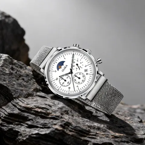 Men Quartz Watch Business Stainless Steel Mesh Leather Strap Waterproof Chronograph Calendar Sun Moon Phase Wristwatch