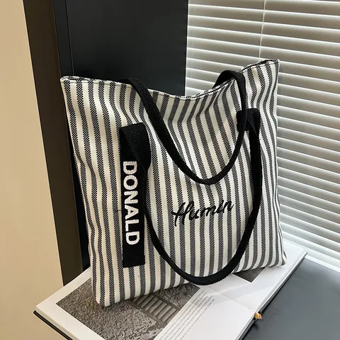 Women Canvas Tote Bag Casual Striped Large Capacity Handbag Korean Style Single Shoulder Commuting Tote Bag