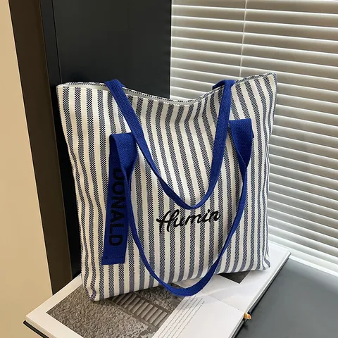 Women Canvas Tote Bag Casual Striped Large Capacity Handbag Korean Style Single Shoulder Commuting Tote Bag