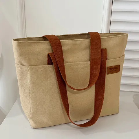 Casual Large Capacity Canvas Tote Bag For Women Vintage Commuter Handbag Simple Solid Color Shoulder Bag Daily Shopping Bag