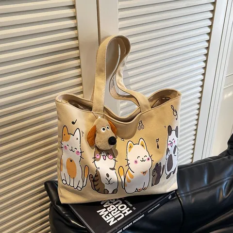 Large Capacity Canvas Tote Bag For Women Cute Cartoon Cat Print Casual Shoulder Bag With Plush Pendant Soft Handbag
