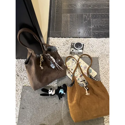 Retro Suede Tote Bag For Women Large Capacity Shoulder Bag Casual Autumn Winter Trend Underarm Bag With Horn Buckle