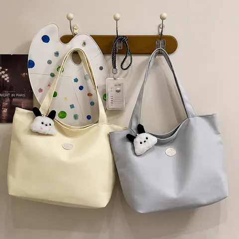 Casual Solid Color Canvas Tote Bag Large Capacity Student School Commuter Handbag With Cute Plush Pendant Women Bag