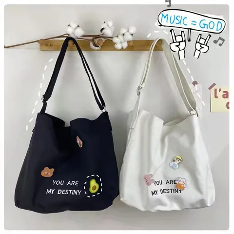Casual Canvas Tote Bag For Women Large Capacity Shoulder Crossbody Bag Letter Print Casual Handbag With Badges
