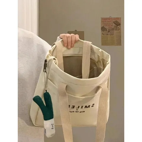 Women Canvas Tote Bag Large Capacity Casual Shoulder Bag Commuter Handbag With Cute Vegetable Plush Pendant