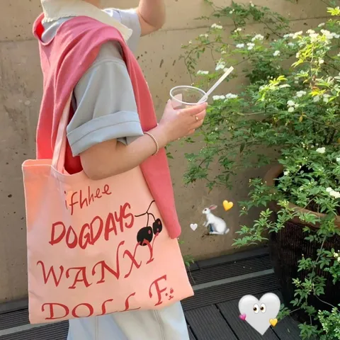Casual Canvas Tote Bag Large Capacity Shoulder Bag Zipper Cherry Letter Print Chic Commuting Handbag For Women