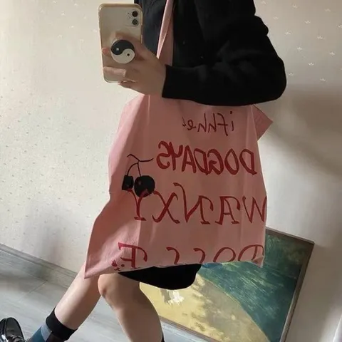 Casual Canvas Tote Bag Large Capacity Shoulder Bag Zipper Cherry Letter Print Chic Commuting Handbag For Women