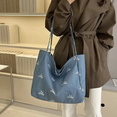 Women Denim Canvas Tote Bag Large Capacity Casual Shoulder Bag Sweet Bow Print Handbag Daily Travel Shopping Bag
