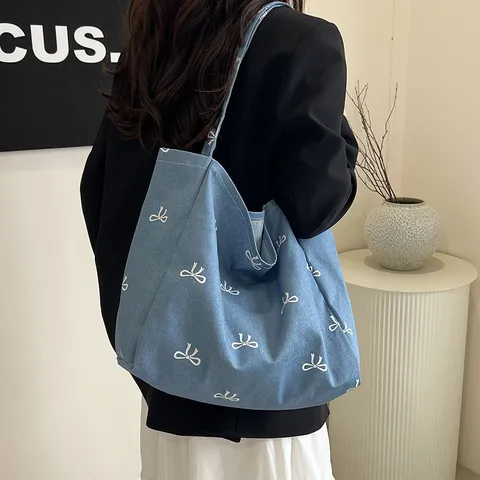 Women Denim Canvas Tote Bag Large Capacity Casual Shoulder Bag Sweet Bow Print Handbag Daily Travel Shopping Bag