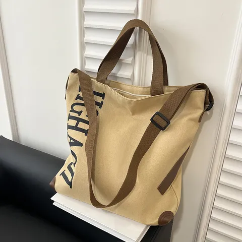 Large Capacity Canvas Tote Bag Casual Retro Shoulder Crossbody Bag With Letter Print Daily Commuter Handbag For Women