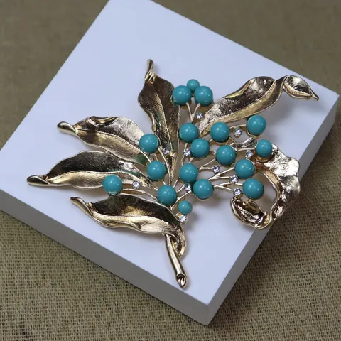 Vintage Floral Feuille Broche Épingle Plaqué Or Perle Artificielle Strass Vêtements Accessoires Bijoux Cadeau