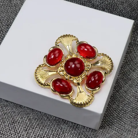Vintage Rétro Croix Carrée Ajourée Verre Broche Collier Pendentif Alliage Ton Or Bijoux De Mode Pour Femmes