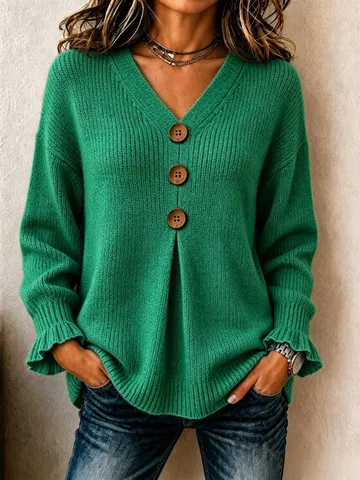 Women Casual V Neck Knit Sweater Top Loose Solid Color Ruffle Long Sleeve Polyester Pullover Sweater With Buttons