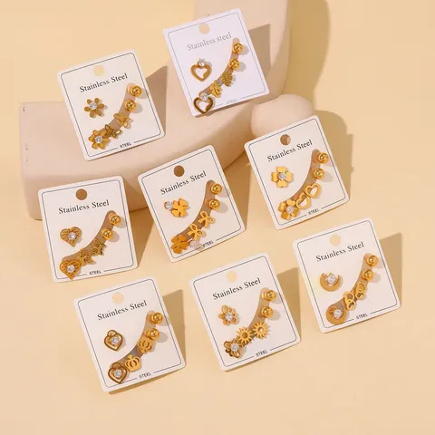 Edelstahl Ohrstecker Kombination Gold Strass Schmetterling Herz Klee Ohrringe Set Für Damen Minimalistischer Modeschmuck