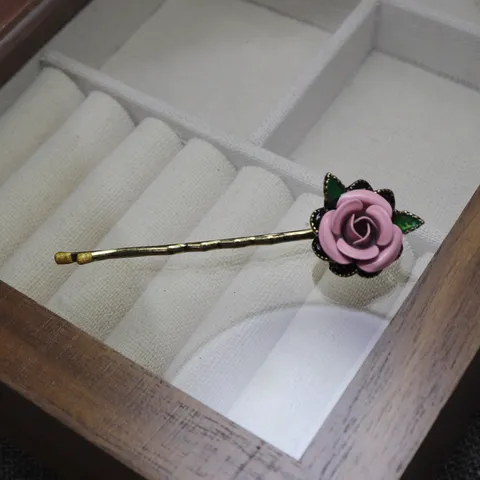 Barrette à Cheveux Fleur de Rose Émaillée Faite Main Rétro Pince Latérale en Métal Accessoires de Cheveux Hanfu pour Femmes