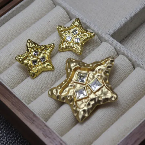 Vintage Lave Étoile à Cinq Branches Strass Broche Et Boucles d'Oreilles Clous Tige Argent 925 Bijou Mode Alliage