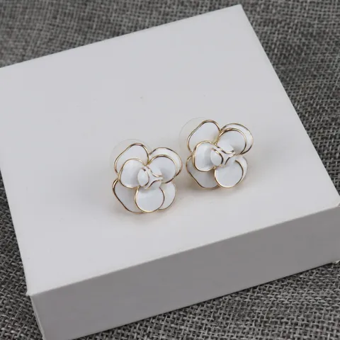 Boucles d'Oreilles Clous Camélia Émaillé Vintage Français Allié Plaqué Or Tige Argent 925 Boucles d'Oreilles Fleur Bijoux Femme Cadeau