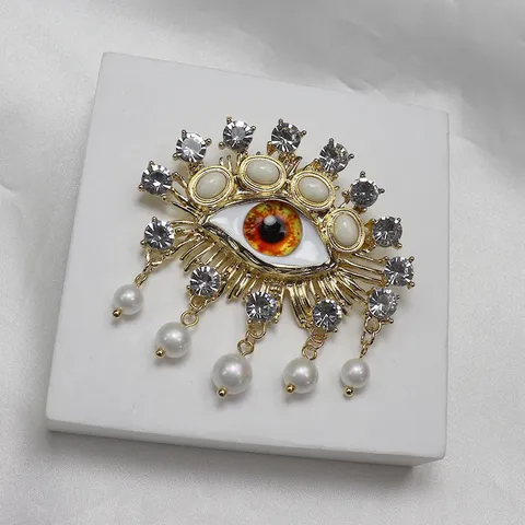 Broche Œil Maléfique Vintage Baroque Épingle Allongée Strass Gland Perle Artificielle Accessoires Bijoux Mode Pour Femmes