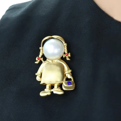 Vintage Little Girl Brooch Pin Matte Gold Artificial Pearl Rhinestone Brooches Clothing Accessories Jewelry For Women