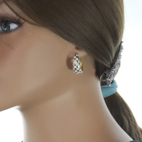 Boucles d'Oreilles Clous C-Forme Damier Émail Français Vintage Tige en Argent Sterling 925 Géométrique Mode Bijoux Femme