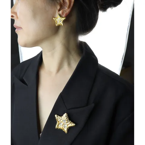 Vintage Lave Étoile à Cinq Branches Strass Broche Et Boucles d'Oreilles Clous Tige Argent 925 Bijou Mode Alliage
