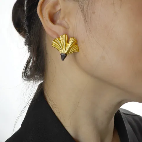 Vintage Ginkgo Feuille Broche Et Boucles D'Oreilles Ensemble Or Mat Métal Noir Strass Élégant Mode Bijoux Pour Femmes