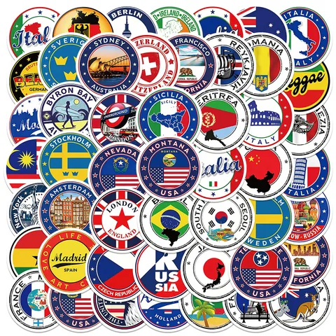 50 Stuks Wereldreis Landen Vlaggen Stickers Rond Vintage Stad Oriëntatiepunten Decals Waterdicht DIY Bagage Laptop Notebook Decoratie Set