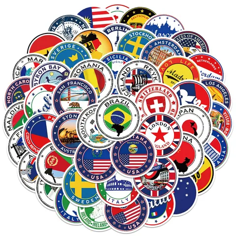 50 Stuks Wereldreis Landen Vlaggen Stickers Rond Vintage Stad Oriëntatiepunten Decals Waterdicht DIY Bagage Laptop Notebook Decoratie Set