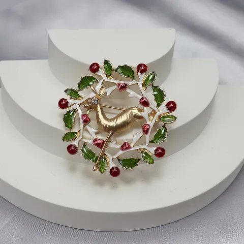 Vintage Emaillierter Strass Weihnachten Elch Brosche Anstecknadel Kranz Reversnadel Festliche Party Geschenk Schmuck Für Damen