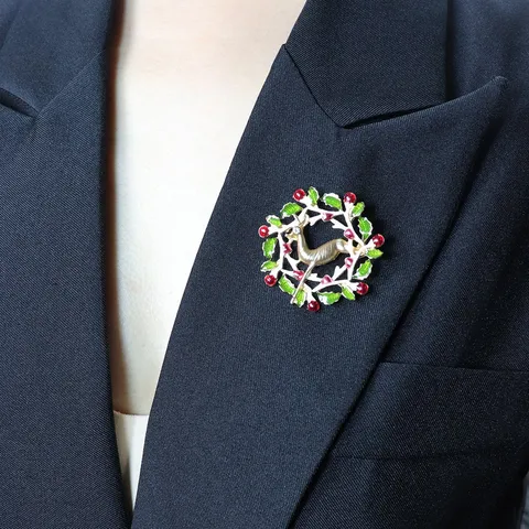 Vintage Emaillierter Strass Weihnachten Elch Brosche Anstecknadel Kranz Reversnadel Festliche Party Geschenk Schmuck Für Damen