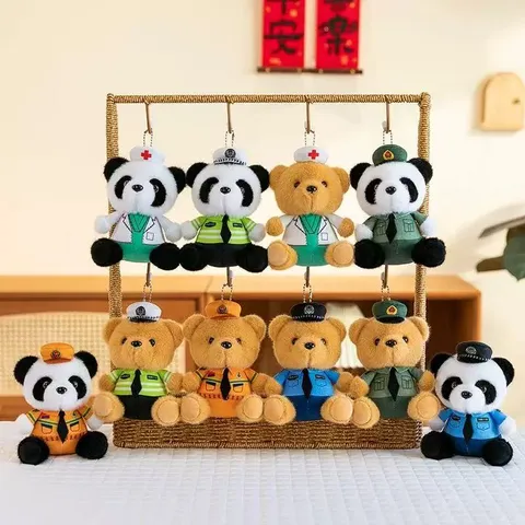Plush Bear Panda Doll Keychain Cartoon Police Doctor Firefighter Officer Stuffed Animal Cute Bag Pendant Toy Gift
