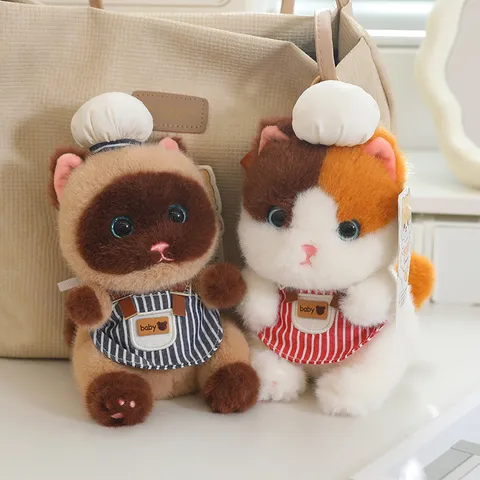 Mignon Chat Chef Jouet en Peluche Poupée Animal en Peluche Pendentif Avec Tablier Rayé Et Chapeau de Chef Doux Jouet de Chat Ragdoll Pendentif de Sac