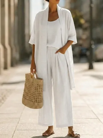 Completo Donna Tre Pezzi Maglia Tinta Unita Cardigan Aperto Top E Pantaloni Dritti Casual Vacanza