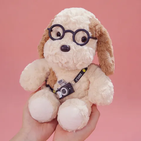 Cute Puppy Plush Toy Stuffed Animal Soft Short Plush with Glasses and Mini Camera Pendant Desktop Decor Kids Gift