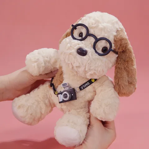 Cute Puppy Plush Toy Stuffed Animal Soft Short Plush with Glasses and Mini Camera Pendant Desktop Decor Kids Gift