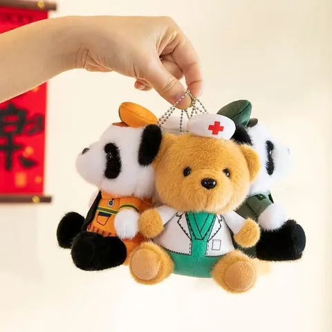 Plush Bear Panda Doll Keychain Cartoon Police Doctor Firefighter Officer Stuffed Animal Cute Bag Pendant Toy Gift