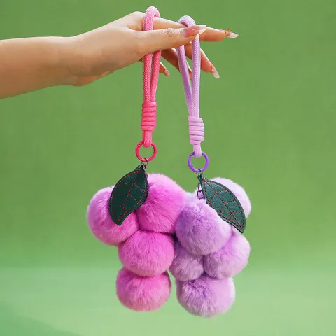Cute Plush Fruit Keychain Pom Pom Pendant Cartoon Grape Persimmon Cherry Bag Charm Car Key Ring Kids Toy Gift