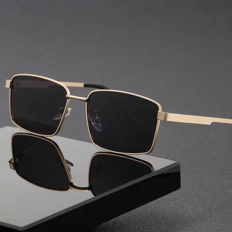 Lunettes de Soleil Polarisées pour Hommes Protection UV400 Cadre Carré en Métal en Acier Inoxydable Anti-Reflet pour Conduite Extérieur